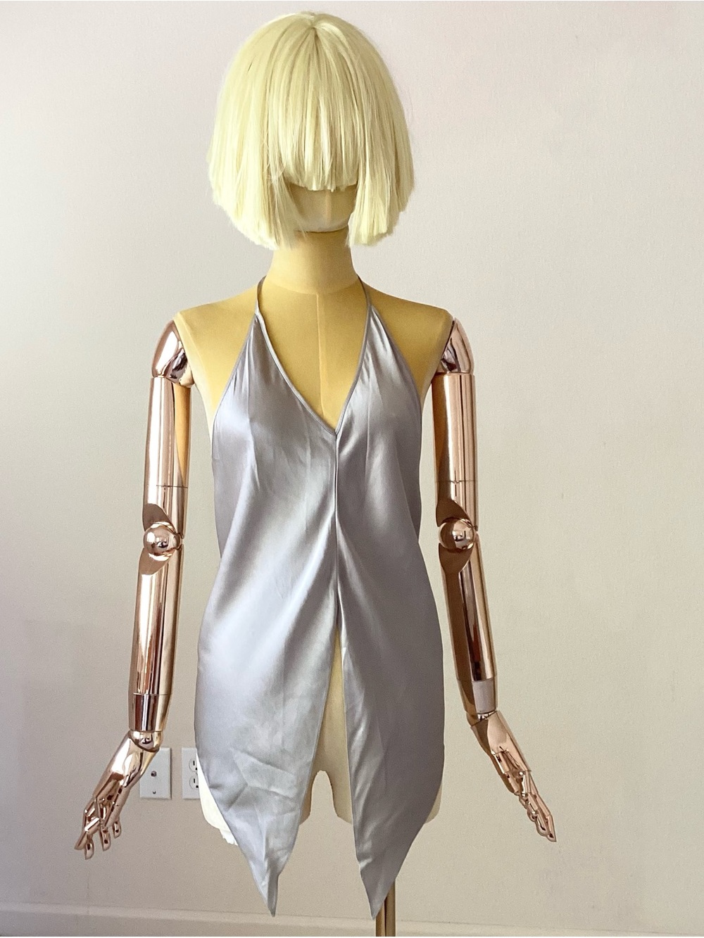 Matériel Tbilisi Top Satin Halter Drape Top Taupe silver  SZ  S